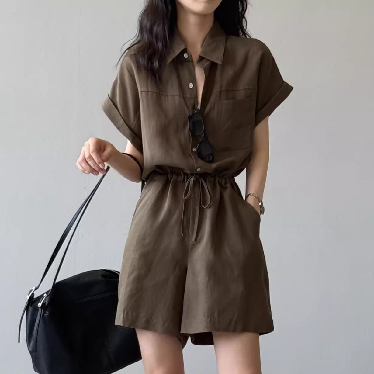 2025夏季新款亚麻天丝短袖连体裤套装女气质时尚高腰阔腿休闲短裤