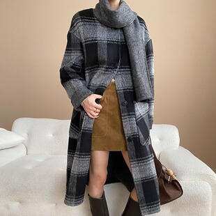 格纹两面穿羊绒大衣女款2025秋冬新款围巾双面羊毛高级感毛呢外套