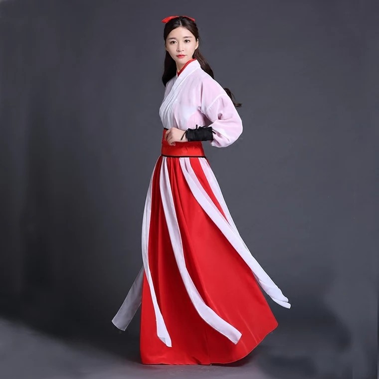 汉服女侠客风古装霸气红白飘带裙舞剑扇子古风演出服关山酒舞蹈服