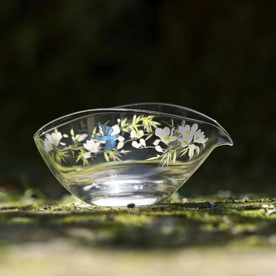 耐热玻璃公道杯春归高档茶海手工贴花分茶器高硼硅玻璃家用匀杯