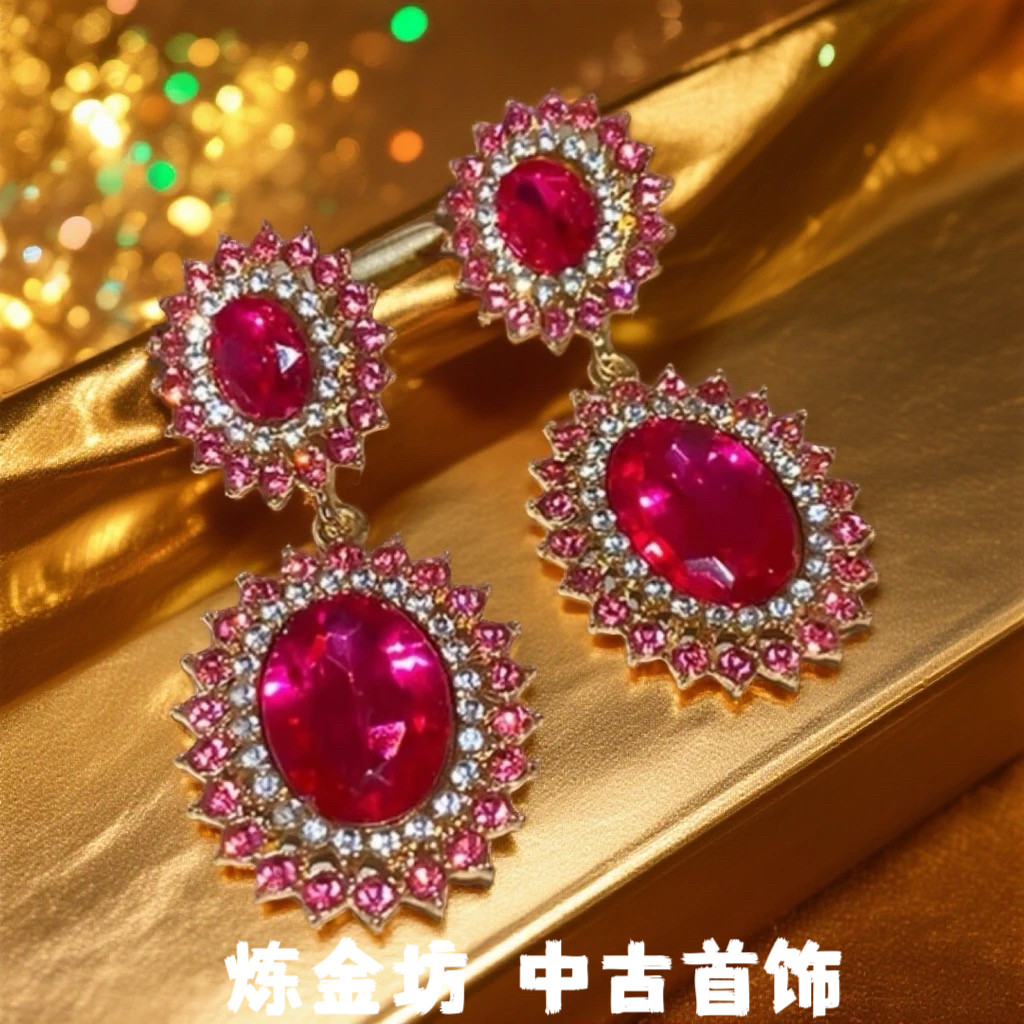 中古vintage复古高级感耳环玫红色耳饰首饰s925银针小众百搭