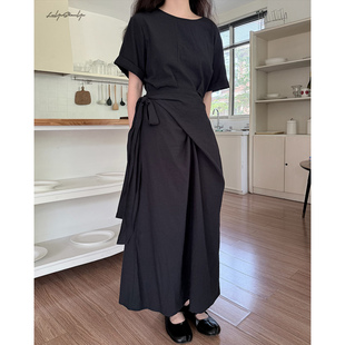 陆与山屿【落雨】交叉绑带茧型夏天巨好看的裙子A字短袖连衣长裙