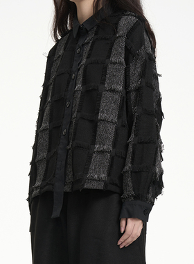 陆与山屿2025年秋冬新款黑色长袖百搭衬衣灰格子毛边宽松休闲衬衫