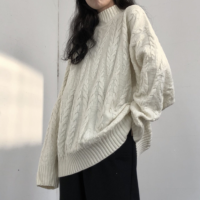 2024年冬新款女加厚黑白色毛衣温柔日系慵懒风衫宽松外穿