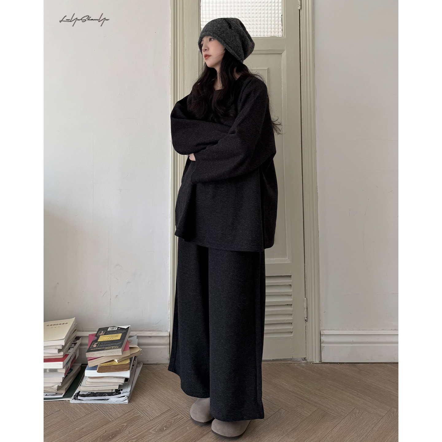 慵懒毛呢套装宽松卫衣九分阔腿裤