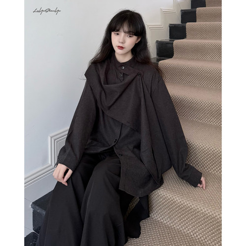 多种穿法斜领单边披肩长袖衬衫