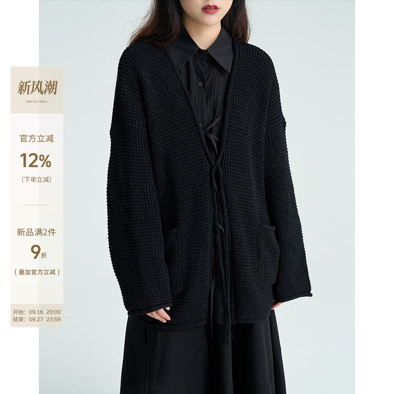 抽绳绑带落肩暗黑系毛衣