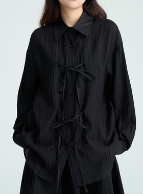 陆与山屿上衣肌理感面料绑带蝴蝶结衬衫女暗黑色长袖薄款衬衣外套