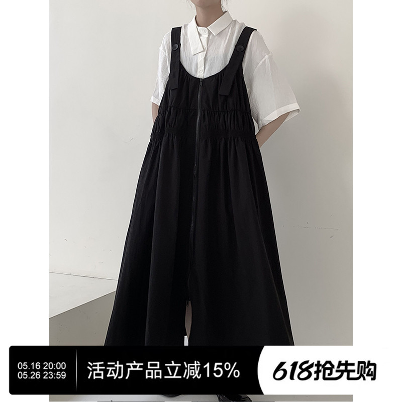 陆与山屿2025新款女设计感小众黑色夏前侧拉链背带