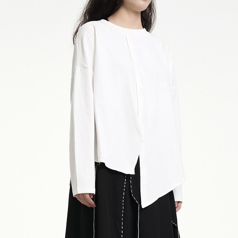 陆与山屿山本暗黑设计感小众黑色圆领长袖上衣不规则加厚百搭T恤,女装/女士精品,T恤,淘宝优惠券,粉丝福利购,淘宝优惠卷