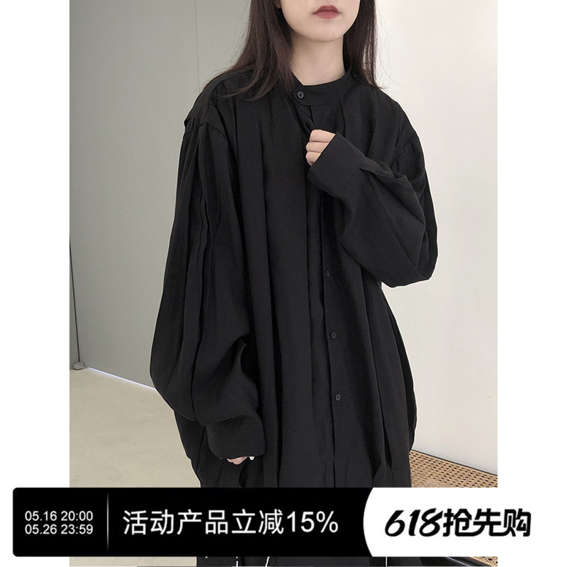陆与山屿设计感小众黑色衬衣铜氨品质中长款阔版暗黑长袖衬衫
