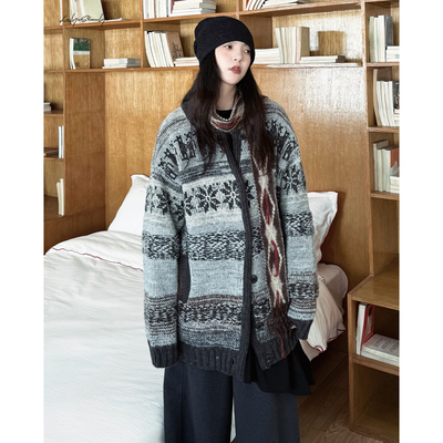 美式复古费尔岛羊毛提花毛衣外套
