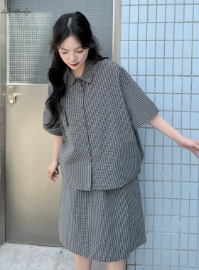 陆与山屿【清允】小众格子立体贴袋衬衫夏季衬衣女搭片中裙裤套装