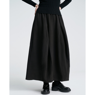 陆与山屿腰头撞色微弹女士新中式 裙黑色百搭宽松A字半身百褶裙子