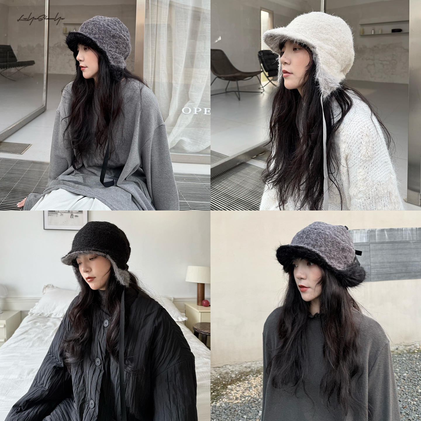 【斑驳】护耳绑带毛绒防风飞行帽