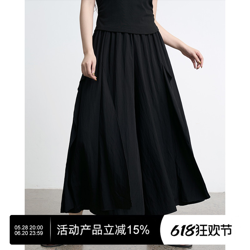 陆与山屿山本暗黑设计感小众女士黑色百搭裤裙夏季阔腿直筒