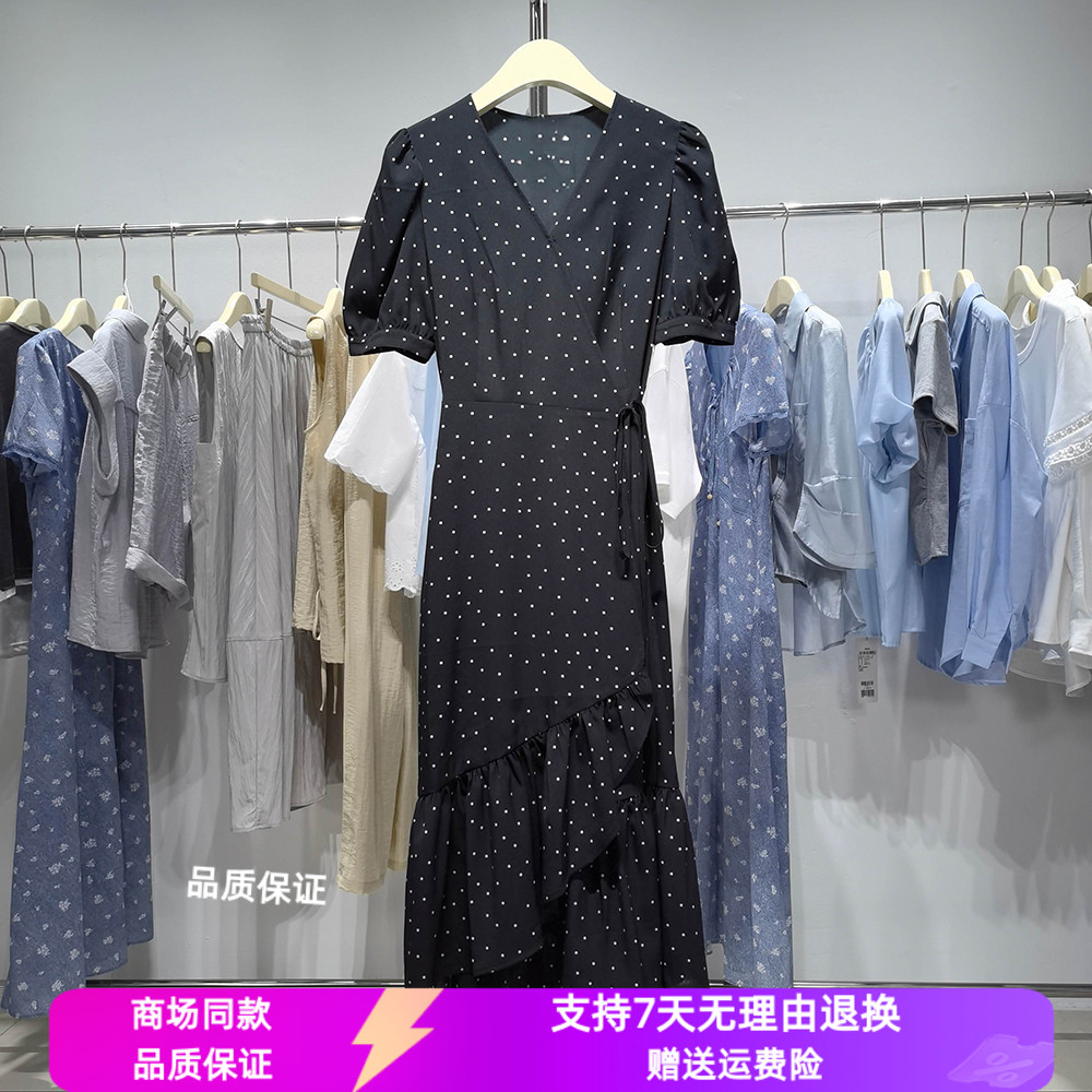 诗凡黎法式波点围裹式连衣裙夏新款V领系带泡泡袖中长裙7G5390451