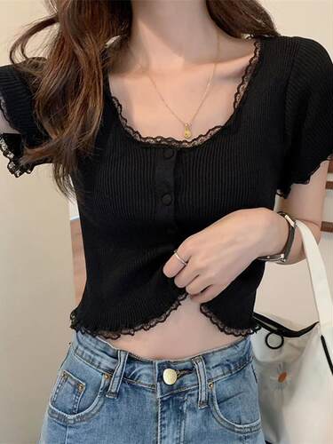 蕾丝上衣女高腰型通勤套头短袖