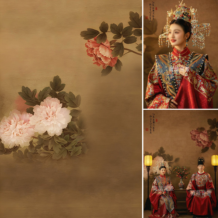 汉服新中式牡丹民国全家福婚纱摄影影楼秀禾服旗袍油画工笔背景布,3C数码配件,背景布类,淘宝优惠券,粉丝福利购,淘宝优惠卷