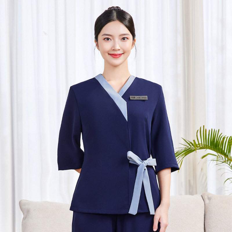 美容院女工作服spa美容师足浴中式技师服套装裤短袖V领工装制服