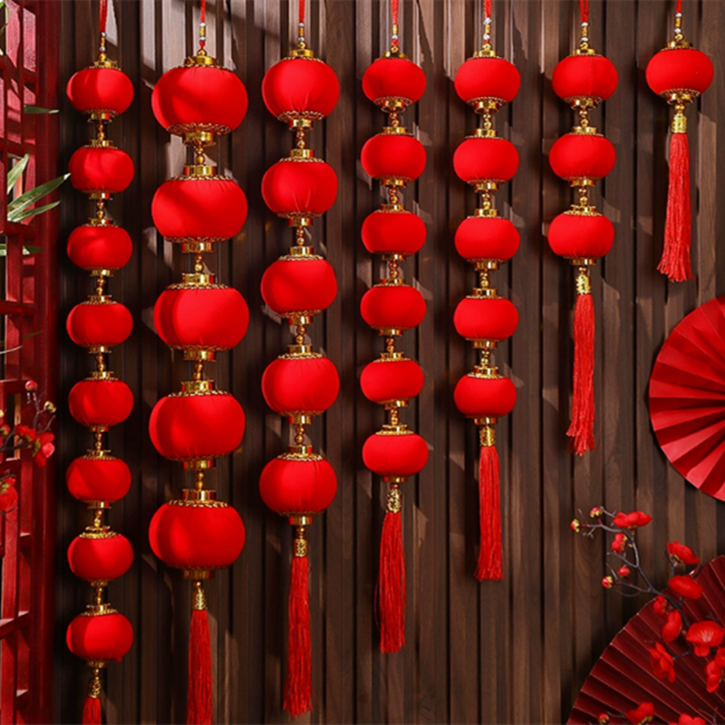 2025新年过年小红灯笼挂件植绒红灯笼串中式春节客厅装饰布置挂饰