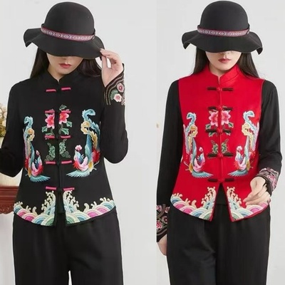 春秋中国风重工刺绣花马甲女立领长袖民族风复古大码显瘦上衣女