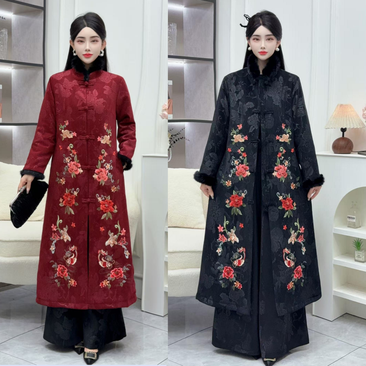 新款中式刺绣花长款妈妈雪尼尔秋冬唐装加厚棉衣民族风复古棉袄