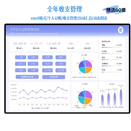 财务会计记账管理系统Excel表格模板家庭个人全年收支明细表管理