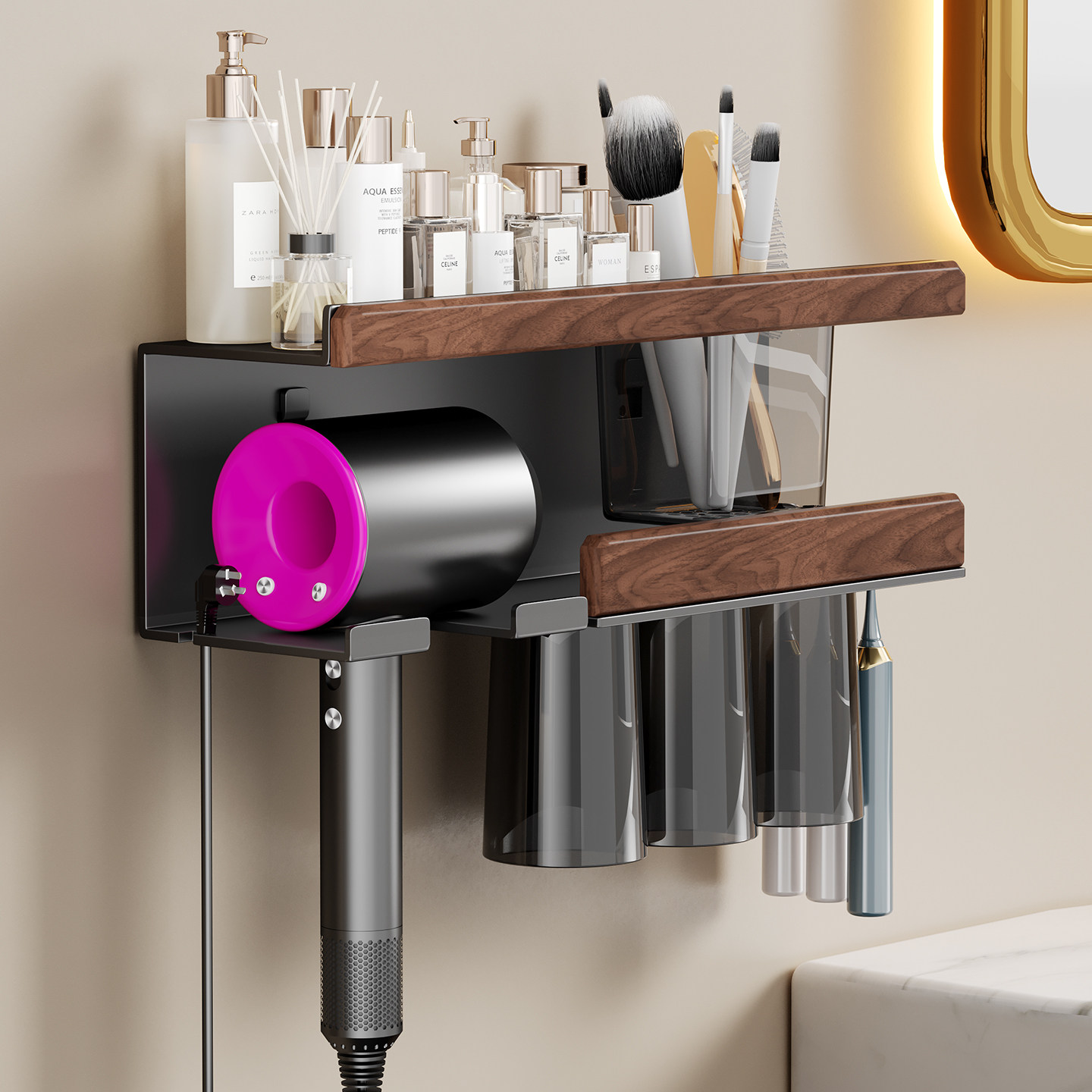 胡桃木吹风机置物架免打孔卫生间壁挂式浴室牙刷收纳架吹风机架子,家庭/个人清洁工具,吹风机置物架,淘宝优惠券,粉丝福利购,淘宝优惠卷
