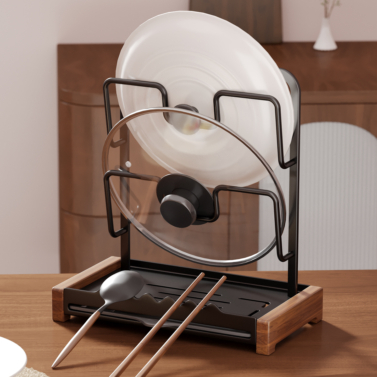 胡桃木中古风台面锅盖架