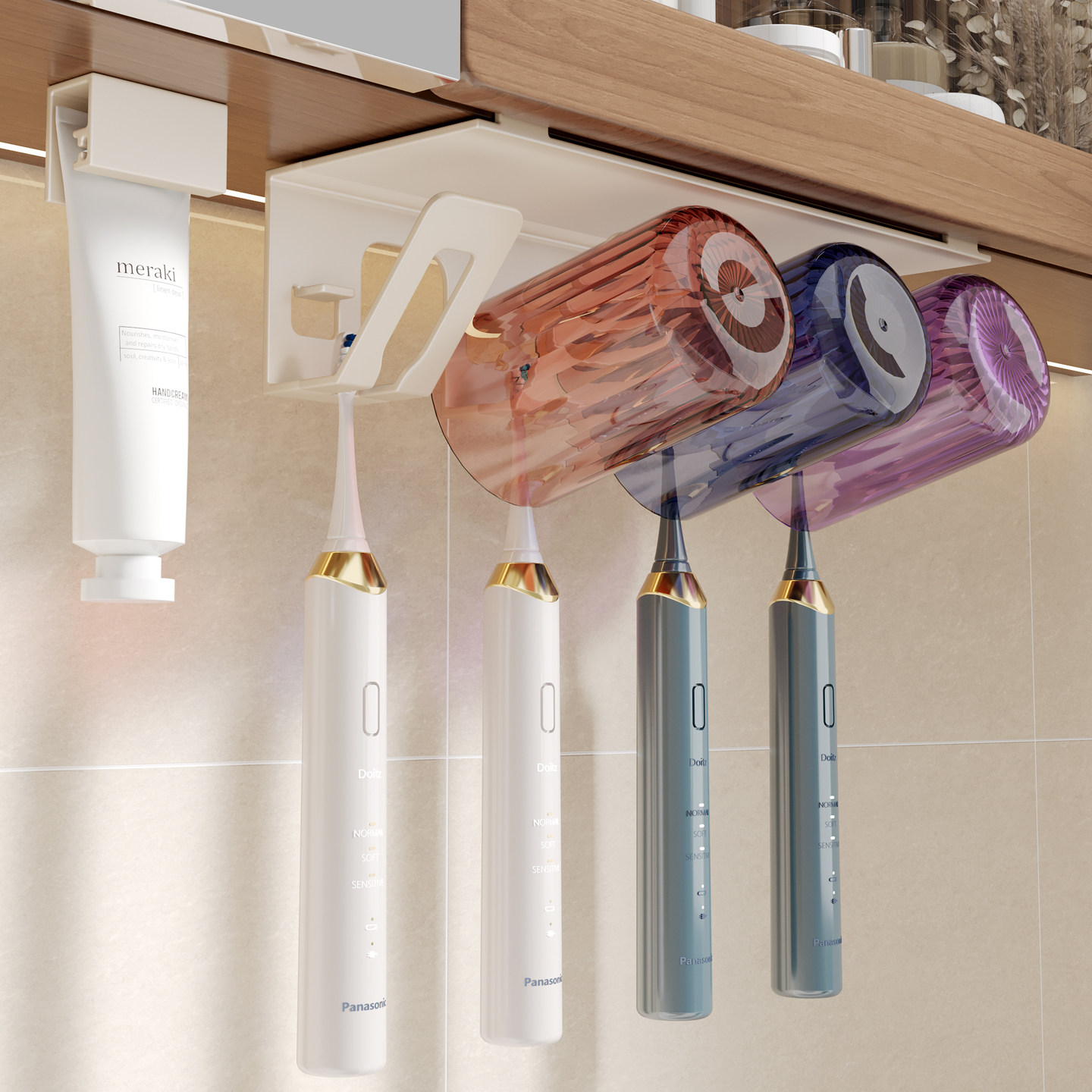 镜柜下牙刷置物架免打孔卫生间洗漱口杯刷牙杯收纳电动牙刷架杯子,家庭/个人清洁工具,牙刷架/牙具座,淘宝优惠券,粉丝福利购,淘宝优惠卷