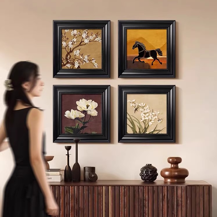 中古风客厅装饰画方形组合餐厅饭厅壁画法式复古沙发背景墙面挂画图片