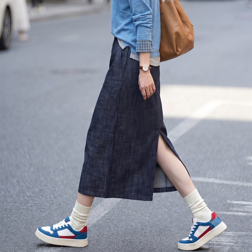 牛仔蓝开叉半身裙女春夏中长款