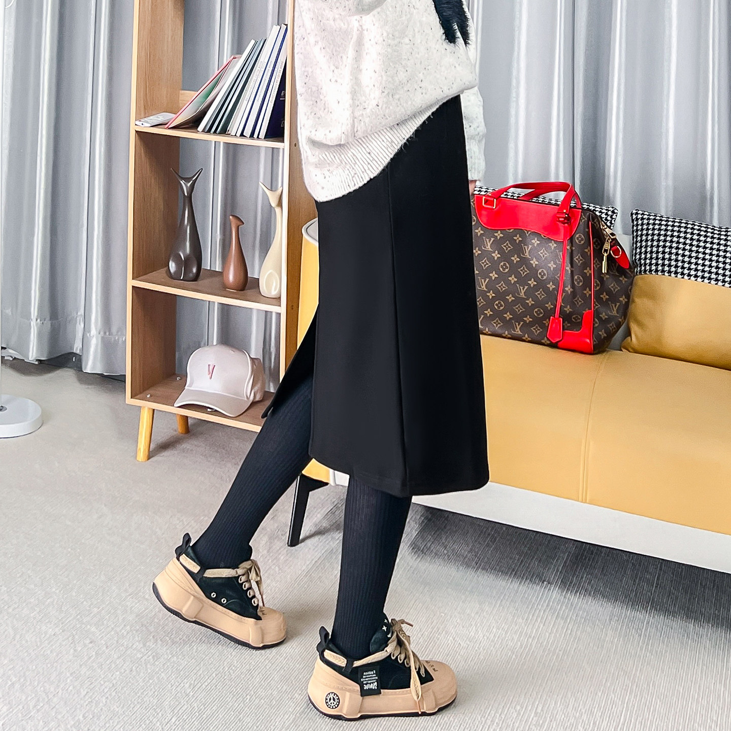 加绒半身裙秋冬女中长款新款高腰开叉冬季保暖宽松大码直筒一步裙