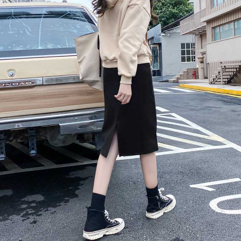 黑色一步裙半身裙秋冬女新款高腰开叉遮胯显瘦百搭中长款直筒裙子