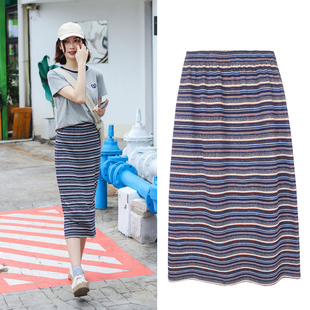 蓝色条纹半身裙女夏中长款 波西米亚风直筒裙 高腰宽松显瘦休闲大码