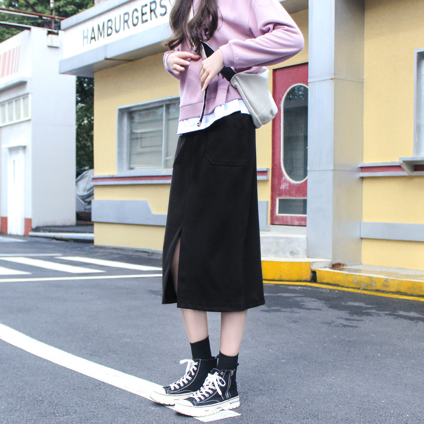 黑色半身裙春秋女中长款高腰开叉复古显瘦百搭大码口袋休闲直筒裙