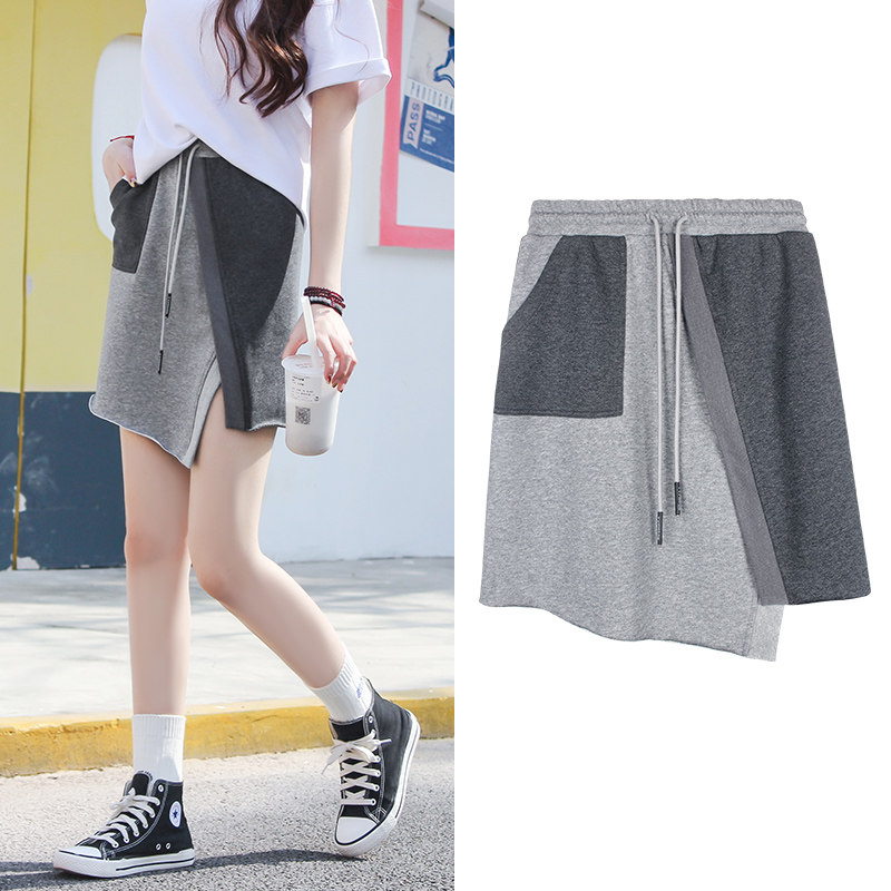 灰色半身裙女春夏小个子短款不规则高腰开叉宽松抽绳撞色休闲短裙
