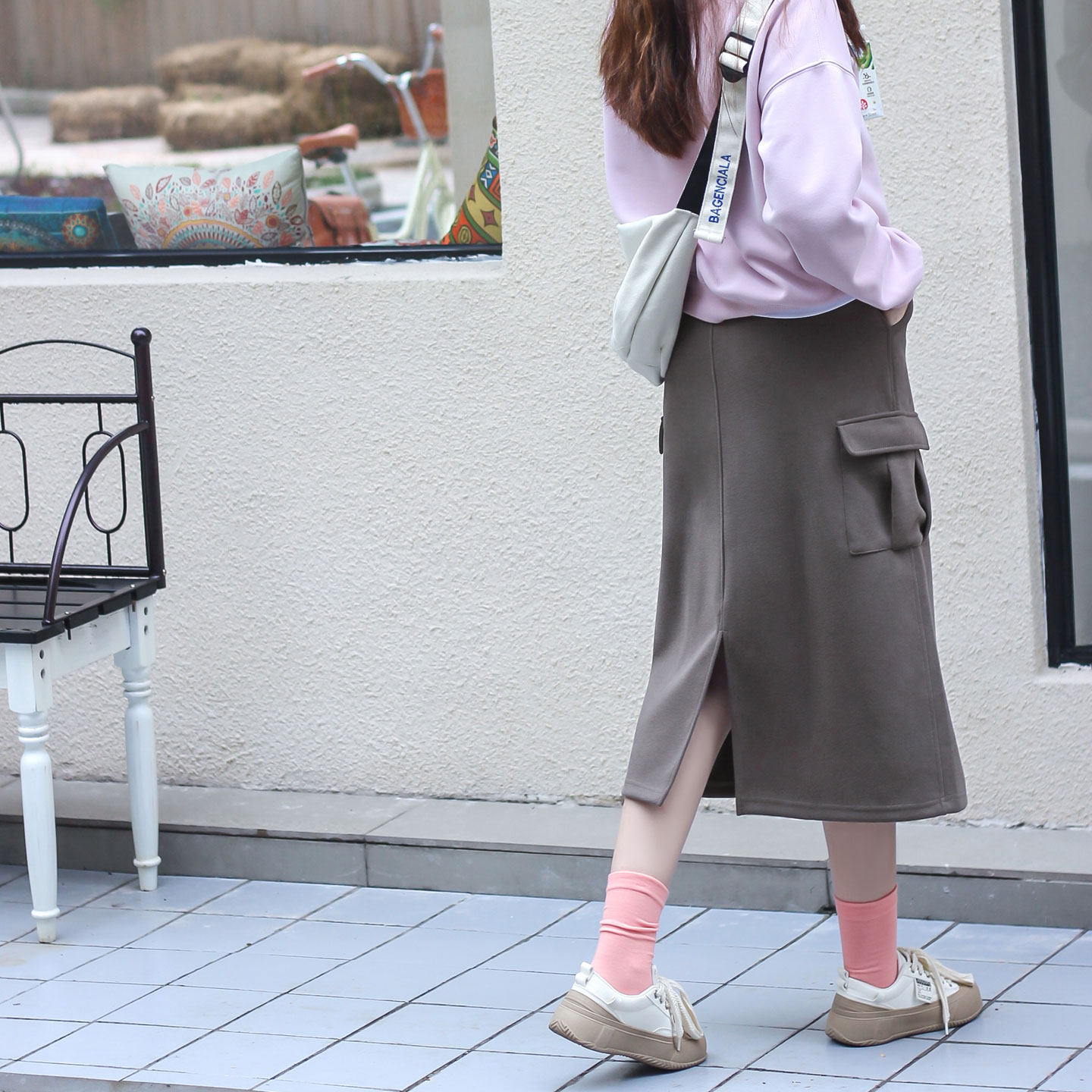 灰色工装半身裙女春秋中长款高腰开叉学院风显瘦百搭休闲a字长裙