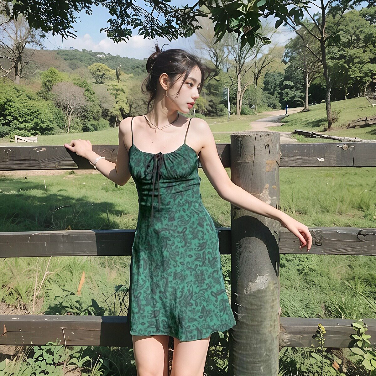 欧美风中长款连衣裙法式抽绳收腰显瘦绿色腰果露背吊带短裙夏