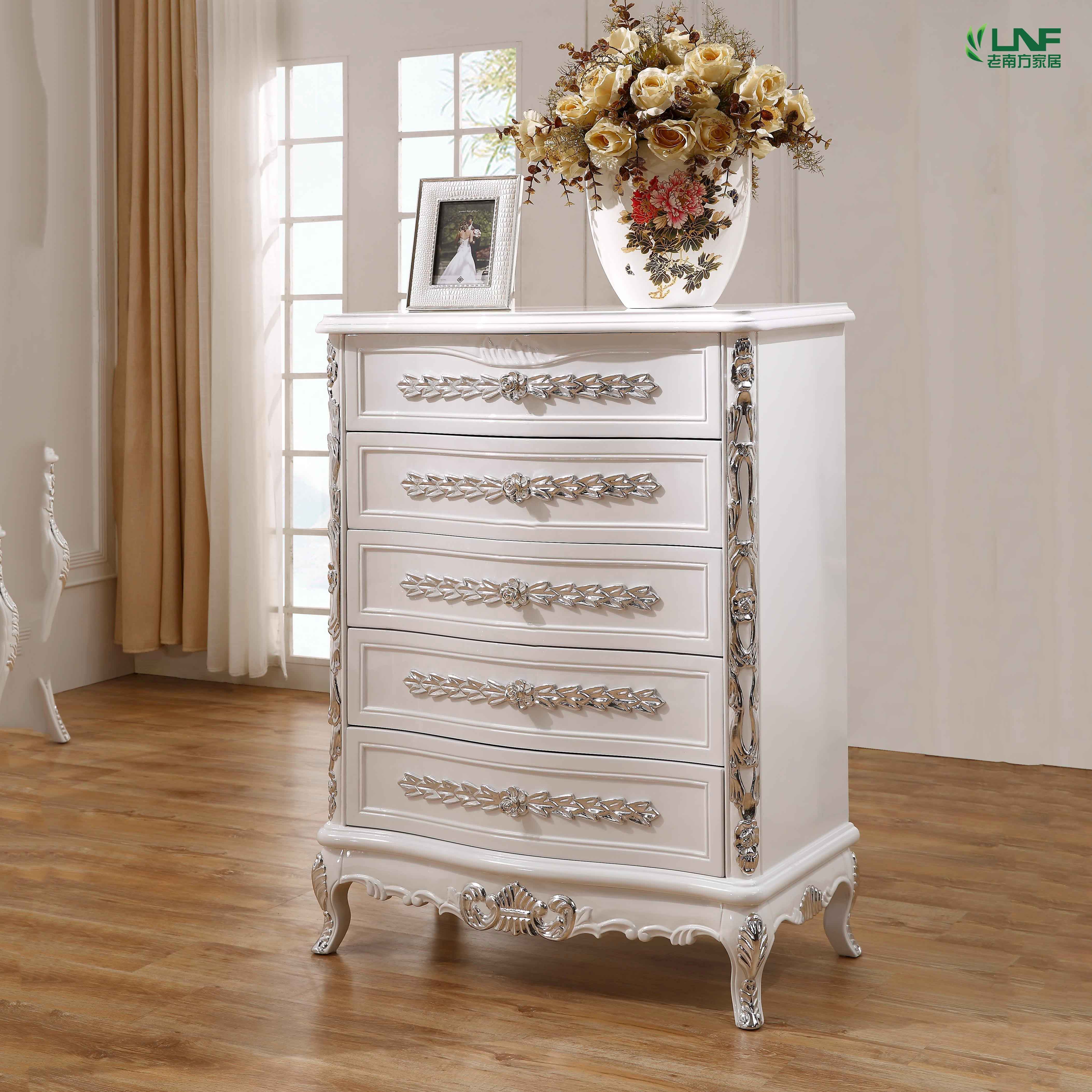 五斗柜 新古典实木玄关柜 欧式雕刻金银箔客厅储物柜斗柜白色烤漆