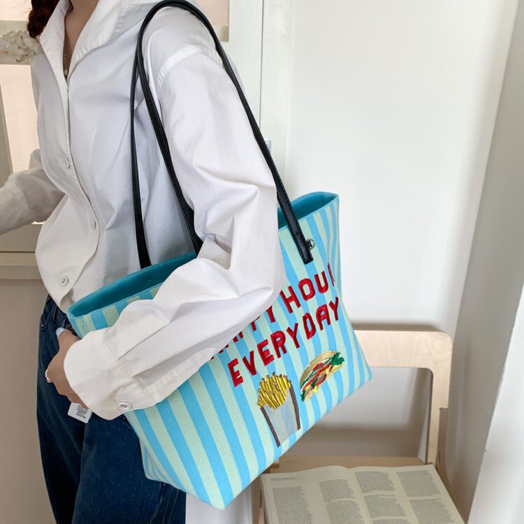 汉堡薯条帆布条纹托特包刺绣大容量手提包包单肩腋下大包子母包女
