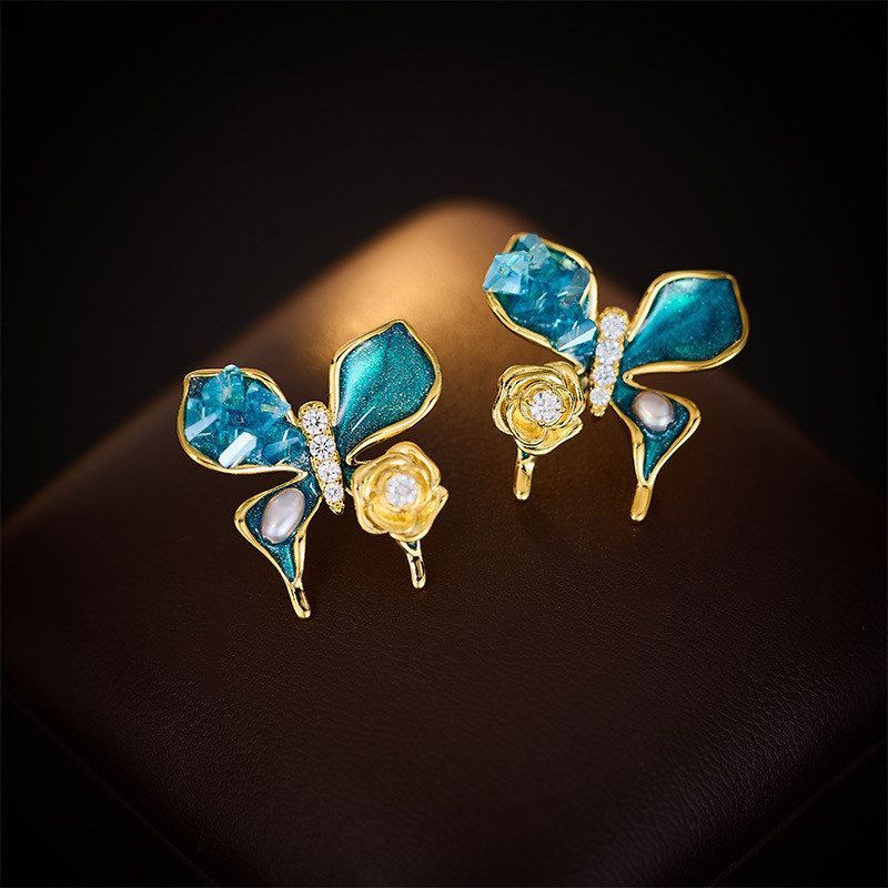 优雅小巧耳钉耳饰蝴蝶复古精致银针小众花朵国潮珐琅女设计感轻奢