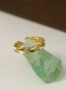 戒绿色滴油高级感开口夏季锆石
