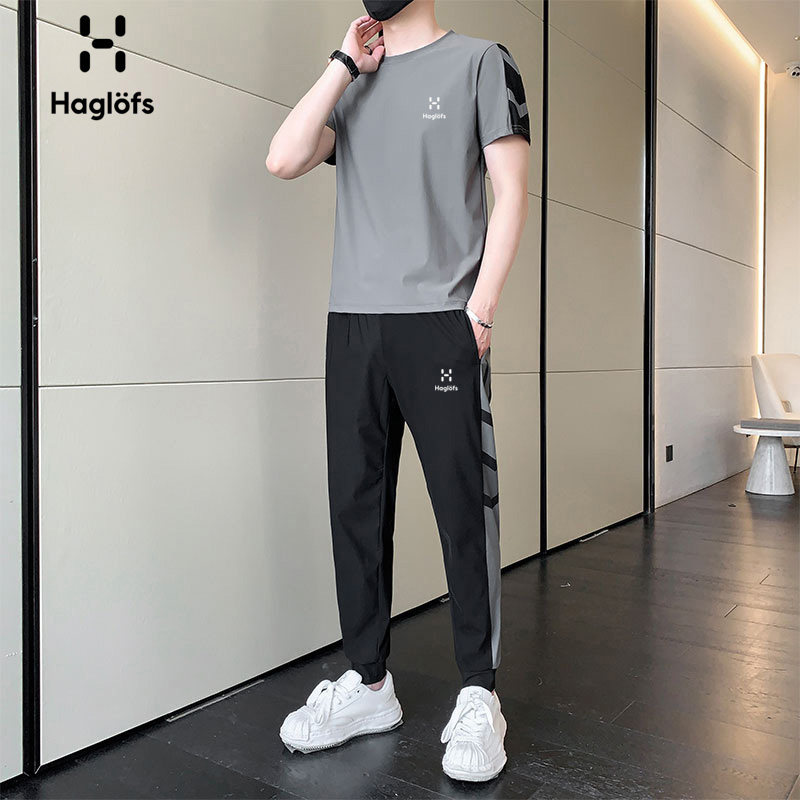 HAGLOFS火柴棍休闲套装男短袖T恤搭配运动长裤夏季新款冰丝两件套