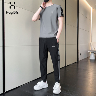 HAGLOFS火柴棍休闲套装男短袖T恤搭配运动长裤夏季新款冰丝两件套