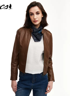 MCS女士皮衣立领机车短款修身皮夹克真皮外套CS21WJ780W