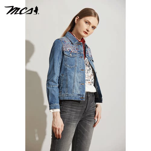 MCS松身版女士外套长袖翻领做旧复古百搭牛仔短款外褂CW22WJ010W