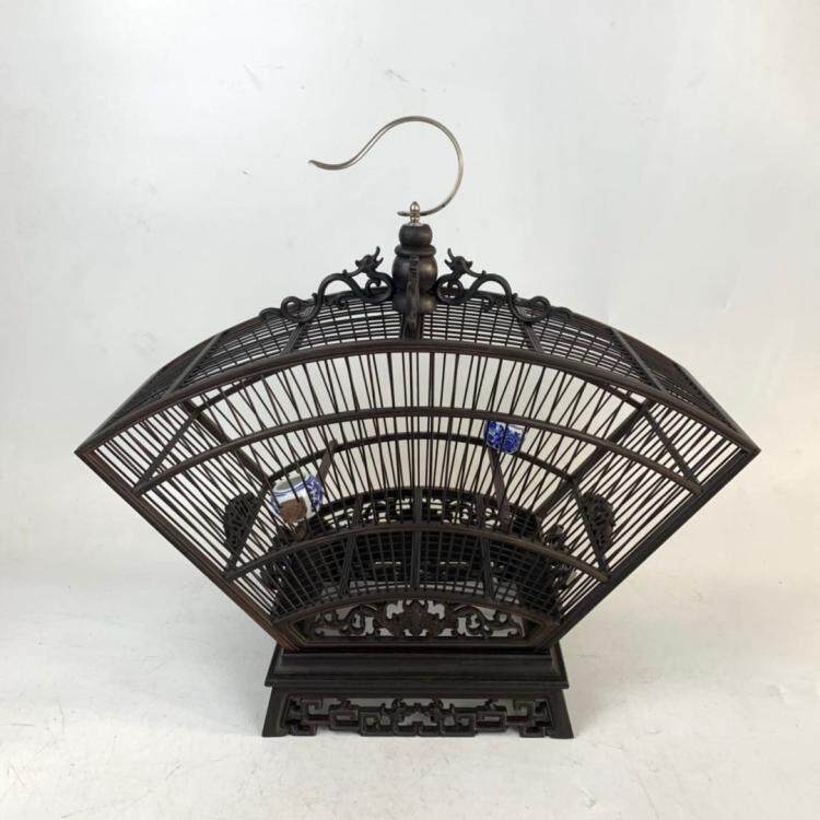 紫檀木红木扇型鸟笼观赏笼雕刻笼鸟屋中式明清古典摆件装饰