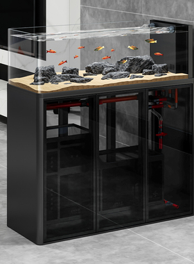 闽江子弹头溪流缸客厅家用屏风底滤直弯弧形鱼缸创意生态南美缸